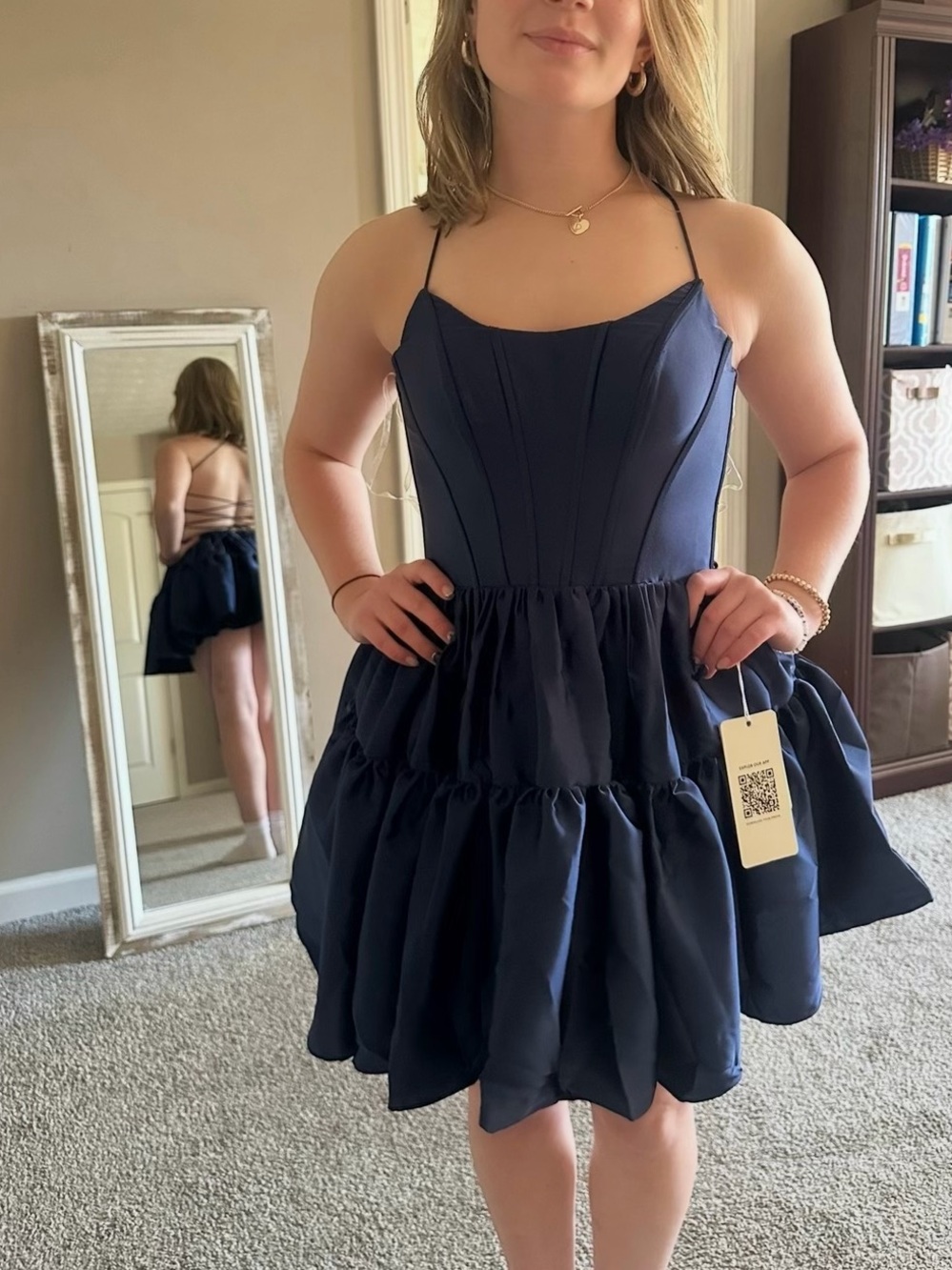 Stacees Silk Navy Tiered Corset Mini Dress with open back